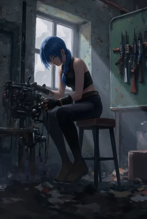 describe the scene of jinkesi ibandoned factory, where she is debugging a complex mechanical device with various weapons and too...