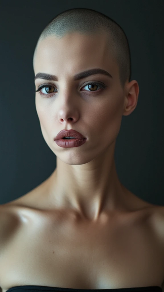 cinematic portrait, a ((smooth bald woman)) with a (((hairless smooth head))), (((no hair at all on her head))). detailed, hyper realistic, photorealistic, sharp focus, 8k, hyperdetailed eyes, extremely detailed skin, striking facial features, high contras...