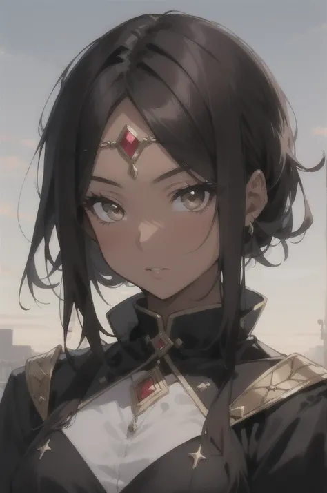 High fantasy bandit, beautiful 20 year old woman, human, dark tan skin, dark hair, dark eyes, high detail, portrait, ruby forehead circlet, fully clothed