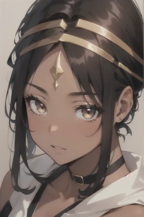 High fantasy bandit, beautiful 20 year old woman, human, dark tan skin, dark hair, dark eyes, high detail, portrait, ruby forehead circlet, fully clothed