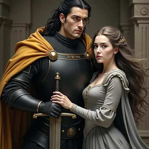 photo,  high quality,  realistic.  male and female . A man with red eyes and black hair . A man has black armor with a golden cloak .  He has his hand on the hilt of a pure silver sword ,  with the other hand held the queen .  He looked serious ,  very ser...