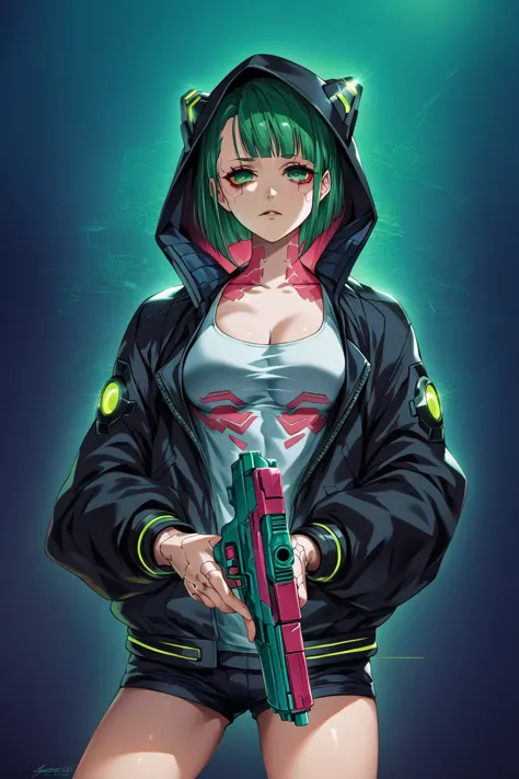 a woman with green eyes and a black jacket holding a gun, anime cyberpunk art, cyberpunk anime girl, best anime 4k konachan wall...