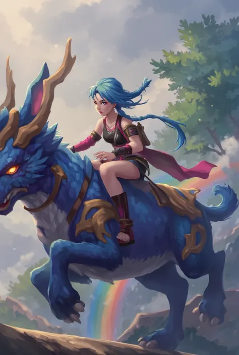 depicting jinx adventure in a world full of magical elements, she rides a huge magical creature over the rainbow bridge, with a ...