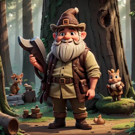 a gnome with a beard , hat and boots . he has an axe and cuts a trunk . there is a squirrel and a fawn nearby. they are in a fai...