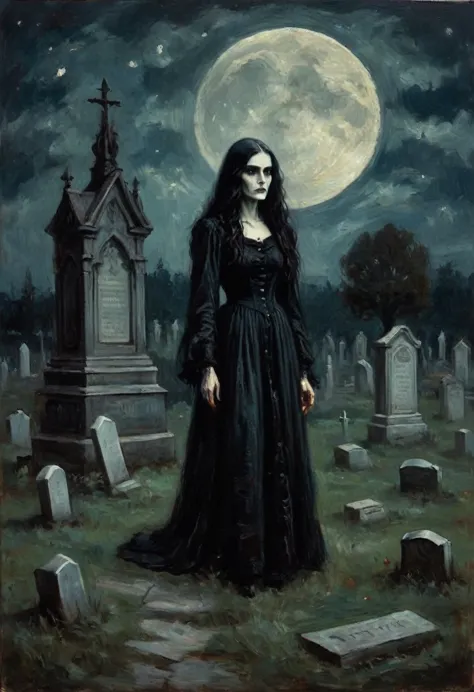 the witch, gothic dark painting, at the cemetery, night, moon