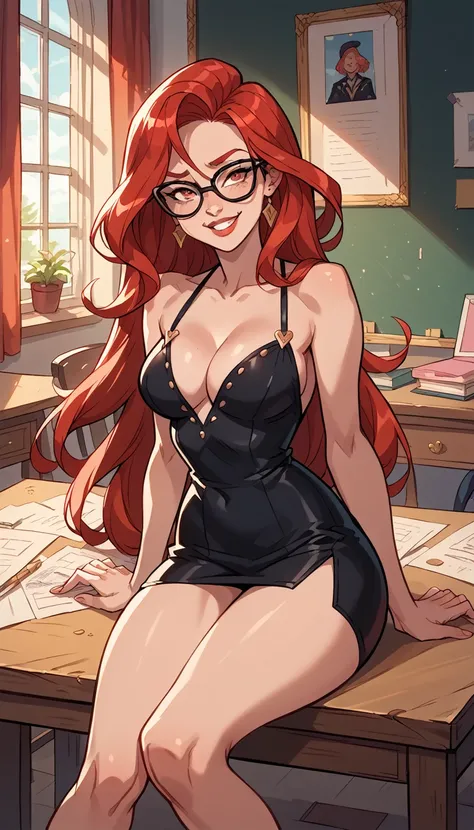 Photo of a red-haired woman with black-rimmed glasses and neckline, very sexy,  sitting at the desk , sensual smile, long hair, Show the thighs , short black dress, abused,  high definition, global illumination,perfect anatomy, 
