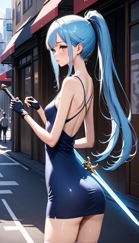 ((masterpiece,best quality:1.3,best quality illustrations)),cowboy shot,1woman,adult,(ponytail),straight long hair,light_blue ha...