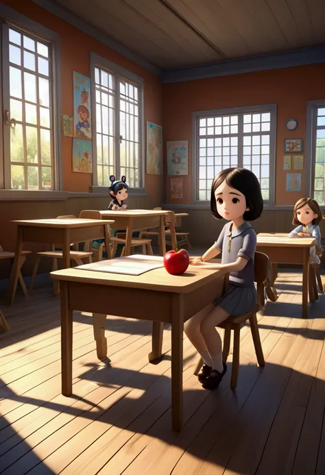 very cute  cartoon character, classroom, with friends watching teacher tell stories, unreal engine, warm indoor lighting, arts s...