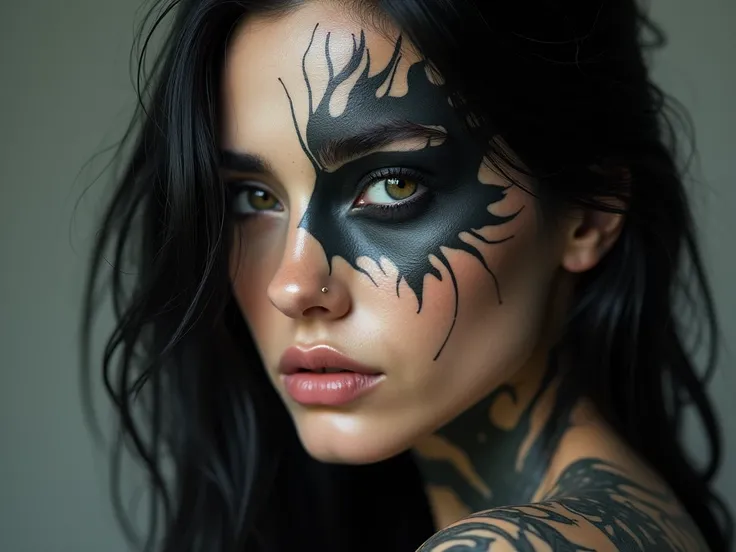 photorealism,  close-up of a beautiful womans face,  tattoo all over the face ,  black eye socket , black suit , black hair,  without piercing ,  neutral colors ,  natural skin texture ,  contrasting background , 35mm lens , photorealism,  masterpiece, 8K