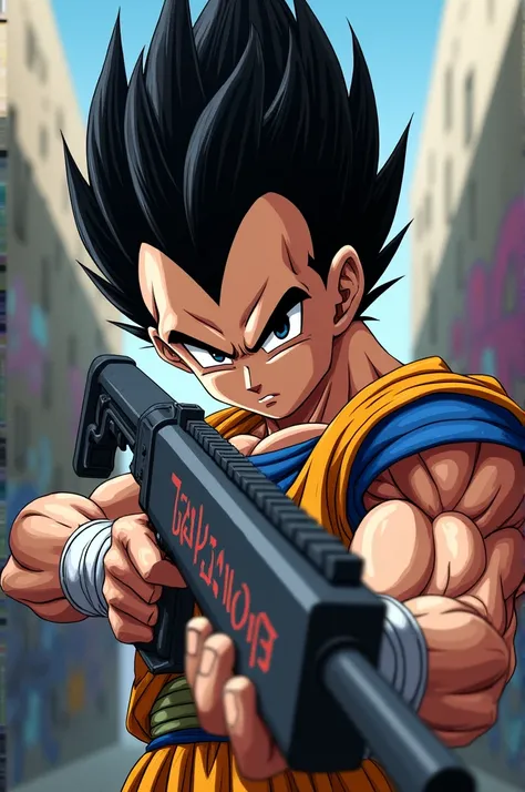 Patch vegeta dbz tenant une réplique dairsoft avec inscription graffiti "Saïyan" 