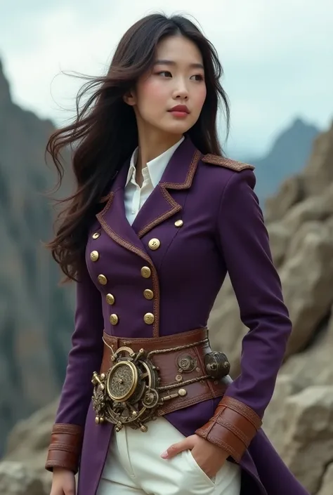 masterpiece, best quality, ultra-detailed, photorealistic, 16k uhd, high resolution
Elegant Steampunk Korean woman Explorer Portrait:
* Striking young woman in regal pose
   - Defined features with natural makeup
   - Long, flowing dark brown wavy hair
   ...