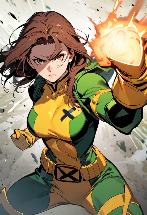 high resolution, portrait,  full body , battle pose, without defects, woman, rogue (marve) x-men, breasts,   serious expression