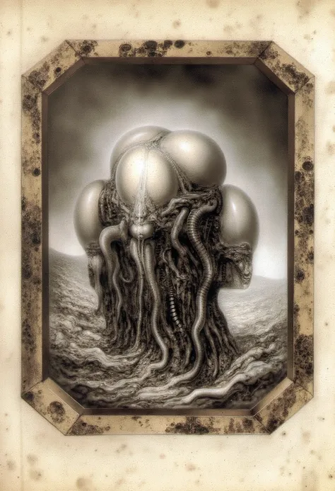 h. r. giger's g1g3r, , giger_style, the image is a detailed view of h.r. giger's \" macht und ohnmacht \" plate, featuring . the...