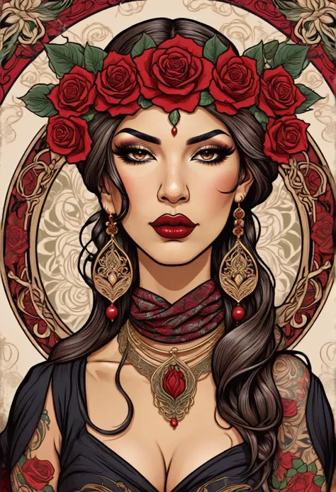 an illustration of a chicana mandrake chola with a fierce, determined expression. she has bold eyeliner, deep red lipstick, and ...