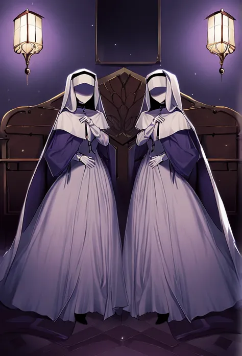 (2girls, couple) nun, long skirt, long over loose sleeves, white gloves, faceless, handless, nun outfits, 
cape covering whole b...