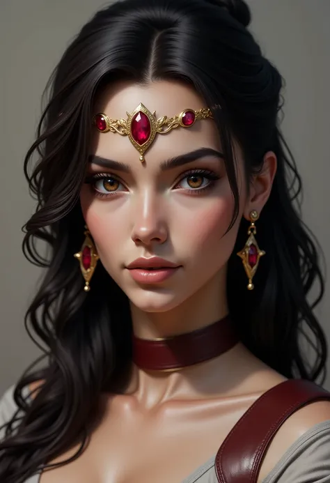 High fantasy bandit, beautiful 20 year old woman, human, dark tan skin, dark hair, dark eyes, high detail, portrait, ruby forehead circlet, fully clothed