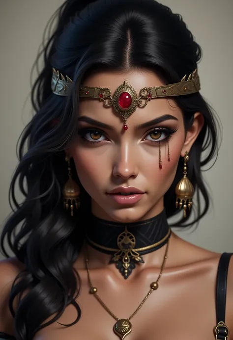 High fantasy bandit, beautiful 20 year old woman, human, dark tan skin, dark hair, dark eyes, high detail, portrait, ruby forehead circlet, fully clothed