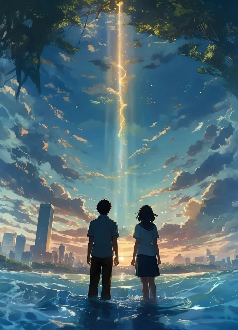 indian love couple standing in the water looking at a light beam, ( ( makoto shinkai ) ), your name movie style, makoto shinkai ...