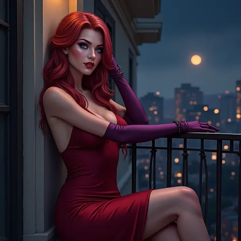  A red-haired woman with long hair, pale skin, With delicate features ,  with gray eyes and full lips . Purple eye shadow and red lips . With a long dress with a slit in the leg, bright red with red frost, sleeveless and long purple gloves.. red heels. sex...