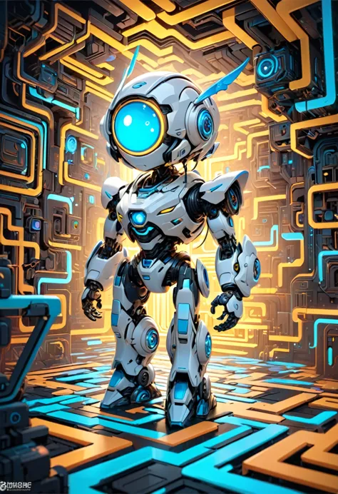 chibi, robot, cute, super deformed, white body, glowing blue eyes, wandering through a fluorescent maze, various effects, delicate and dynamic textures, 2.5D, digital graphic CG fantasy art, ultra detailed, absolutely resolution, best quality