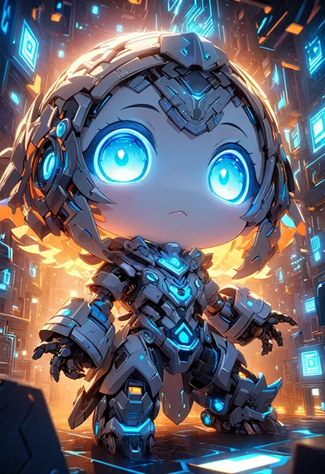 chibi, robot, cute, super deformed, white body, glowing blue eyes, wandering through a fluorescent maze, various effects, delicate and dynamic textures, 2.5D, digital graphic CG fantasy art, ultra detailed, absolutely resolution, best quality