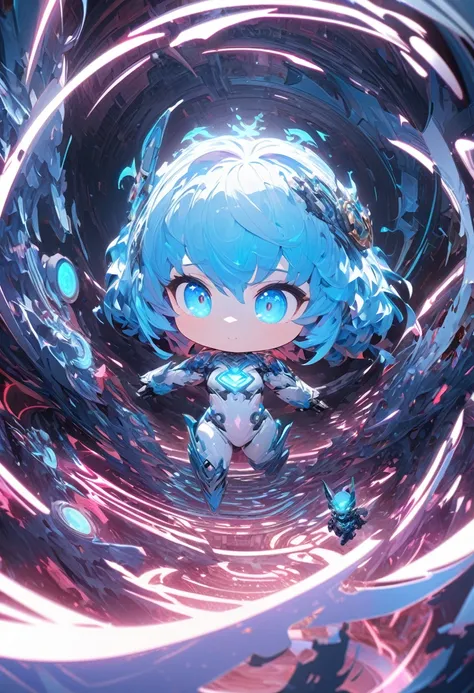 chibi, robot, cute, super deformed, white body, glowing blue eyes, wandering through a fluorescent maze, various effects, delicate and dynamic textures, 2.5D, digital graphic CG fantasy art, ultra detailed, absolutely resolution, best quality