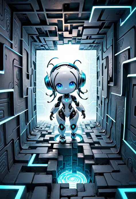 chibi, robot, cute, super deformed, white body, glowing blue eyes, wandering through a fluorescent maze, various effects, delicate and dynamic textures, 2.5D, digital graphic CG fantasy art, ultra detailed, absolutely resolution, best quality