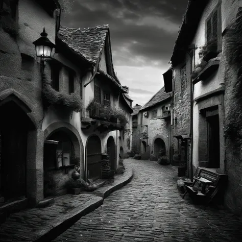  Pictures of Decadent Cities in Medieval Europe、 Dark Ages 、 Lots of s by the Roadside 、、Disease、mouse、肉を啄む鴉、 movie light effect that wont light up,  wide angle shot, Chiaroscuro, Black and White