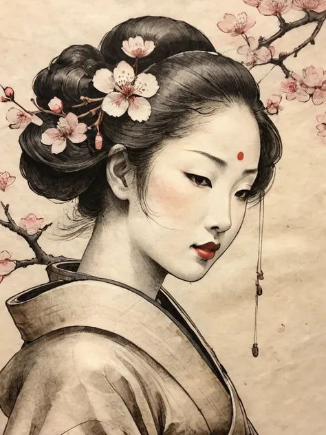 parchment, a japanese close up of a japanese geisha with cherry blossoms, burnt edgesink illustration, inkwash, Japanese Ink Drawing