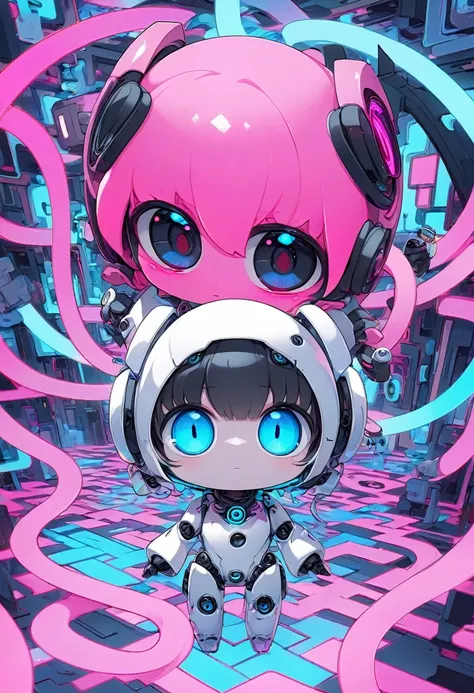 chibi, 2 robot, stray Robot Brothers, (white body, blue eyes) and (pink body, black eyes), cute, super deformed, wandering through a fluorescent maze, various effects, delicate and dynamic textures, 2.5D, digital graphic CG fantasy art, ultra detailed, abs...