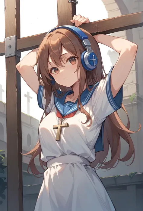 1 girl, cross, crucifixion,spread your arms,brown hair, blue headphones