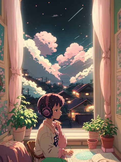 anime style, (dreamlikeart), (soft focus), cozy room setting, girl with headphones, [(lofi beats:1.3)|ambient music], (anime art...