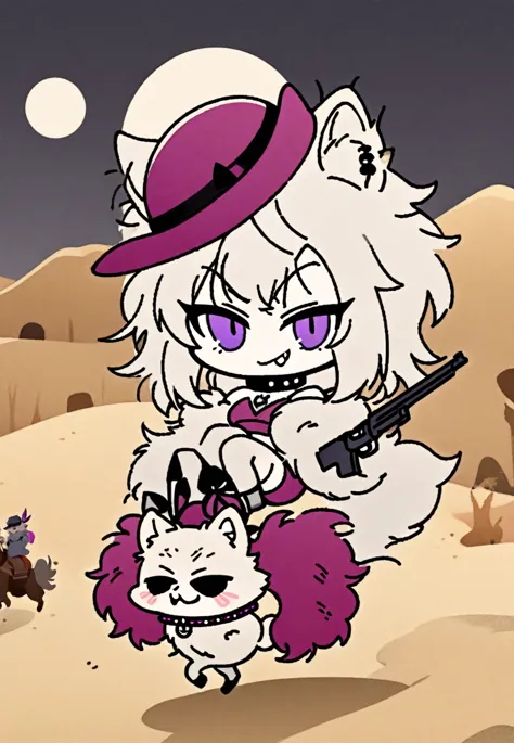 white tanuki hyena pomeranian, medium hair, spike messy scraggly hair, circle eye, hyena ear, magenta bowler hat, maroon crop to...