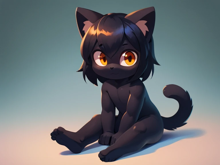 , boy, cute black cat, shiny hair covering one eye, orange eye, small ears, small tail, bare feet, detailed body without clothes, sitting on the ground in front of a camera, detailed legs, nice background, high quality, a masterpiece, holding a doll 