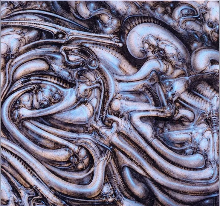 h. r. giger's g1g3r, , giger_style, the image is a detailed view of h.r. giger's \" necronom  iv \" plate, featuring hrggr, h.r....