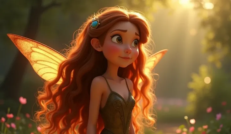 30-year-old fairy in a brown dress brown wings long curly hair that almost 
Hide your small antennas     
 .  She was called to be one of the guardians of the children 
multiple poses and perceptions
 The scene takes place with the magic Pixar