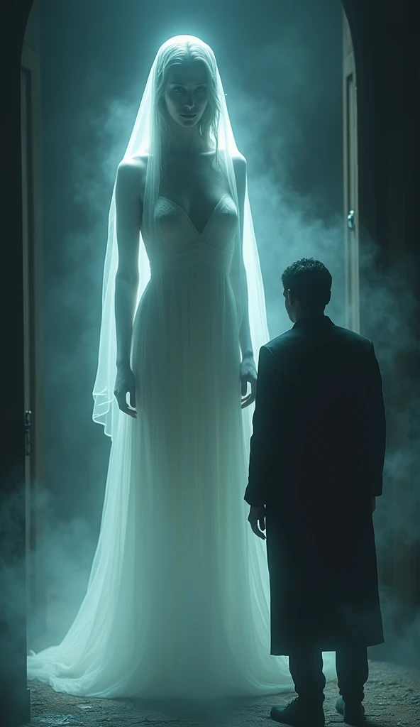 The ghostly figure of the woman appears in front of Ravi, her flowing dress moving as if caught in a breeze. Her eyes are wide and haunting, staring directly at him.