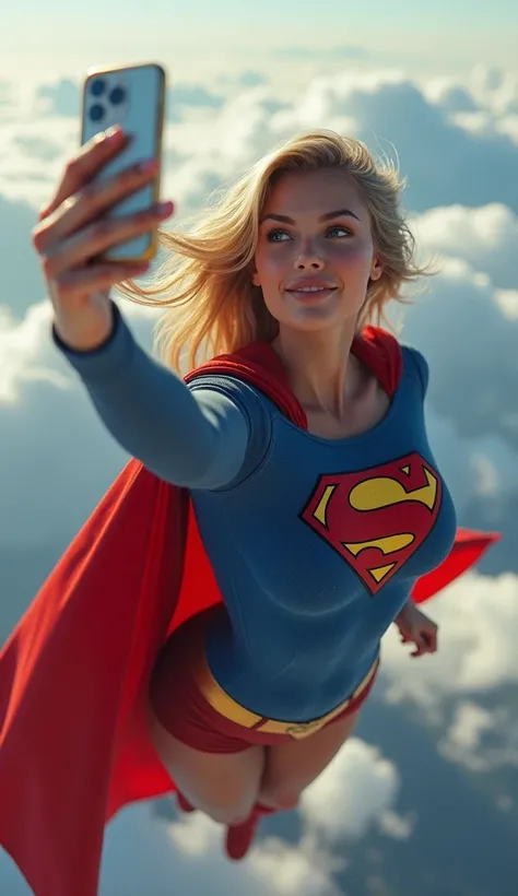 INSANELY SEXY, RIPPED MUSCULAR BUSTY OOBS SUPERGIRL WEARING THE ORIGNAL SUPERGIRL COSTUME FROM 1950. SOARING WHILE TAKING A SELFIE.