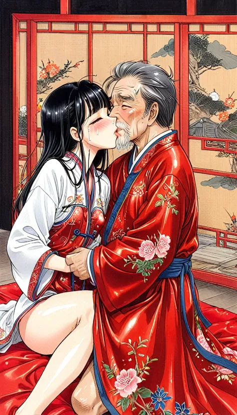 ultra glossy　she is hugged by an old man on a red futon with an embroidered super glossy red blanket　straddle, kissing 　　beautif...