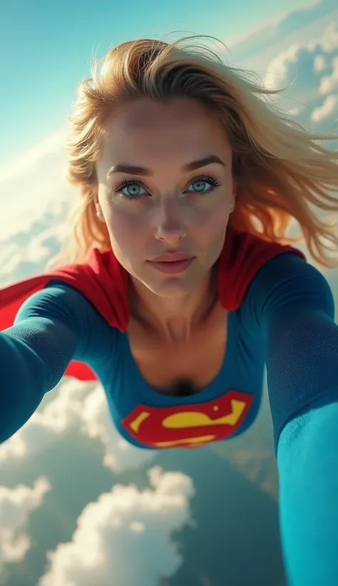 Selfie style photo, pov, INSANELY SEXY, RIPPED MUSCULAR BUSTY OOBS SUPERGIRL WEARING THE ORIGNAL SUPERGIRL COSTUME FROM 1950. SOARING WHILE TAKING A SELFIE.