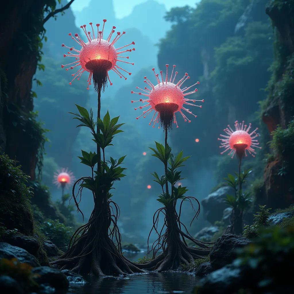 surreal high fantasy art, on a dystopian planet you can see alien plants that look like contagious virus with a halftransparent ...