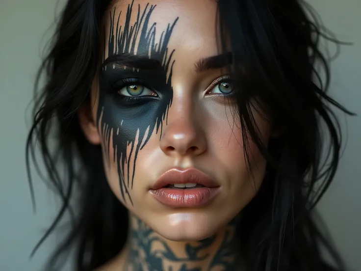 photorealism,  close-up of a beautiful womans face,  tattoo all over the face ,  black eye socket , black suit , black hair,  without piercing ,  neutral colors ,  natural skin texture ,  contrasting background , 35mm lens , photorealism,  masterpiece, 8K