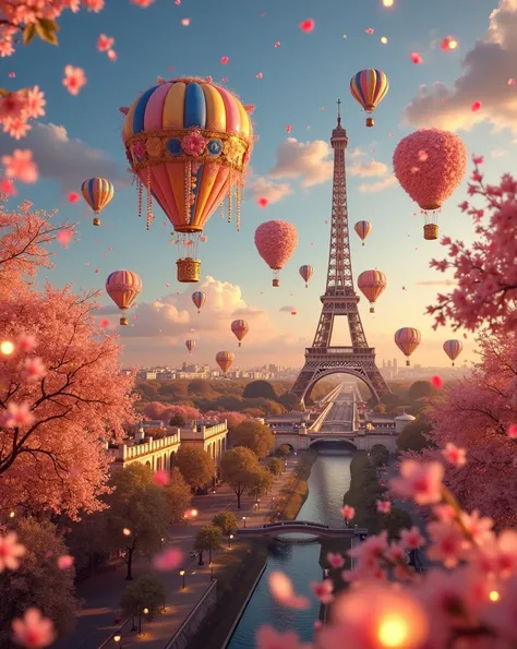 Create a whimsical sunset scene in Paris featuring colorful hot air balloons adorned with flowers and twinkling lights. The Eiffel Tower should be prominently visible in the background, casting a warm glow as petals float gently in the air. Capture the mag...