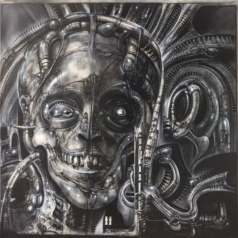 h. r. giger's g1g3r, , giger_style, the image is a detailed view of h.r. giger's \" li ii \" plate, featuring . the artistic man...