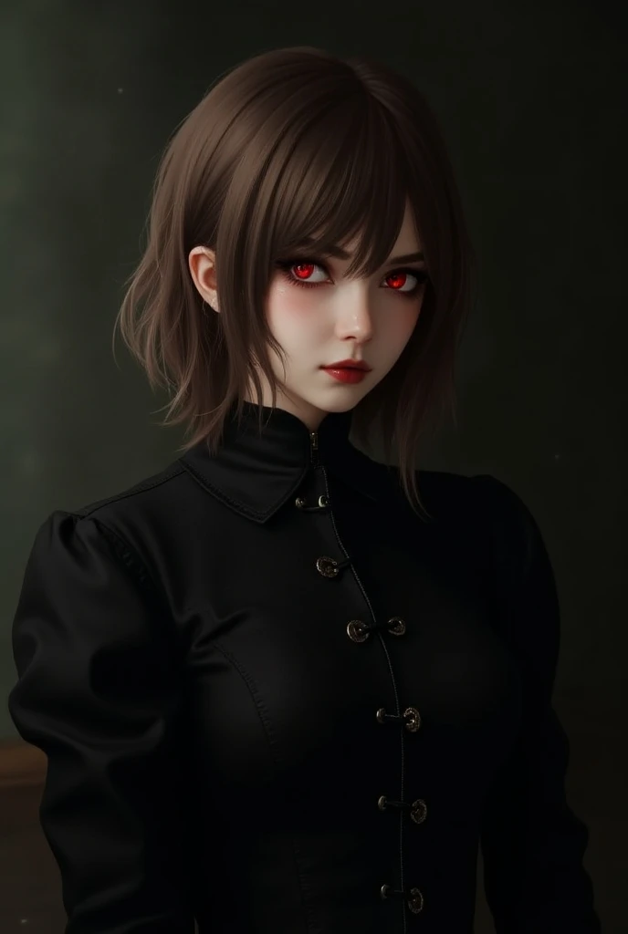  Create a short brown-haired vampire with two blonde locks, She looks 20 years old ,  she wears gothic black clothes and looks funny

Perfect,  now put her on with red eyes 
Realistic image, Make her a little more adult, Make her short hair apparent 