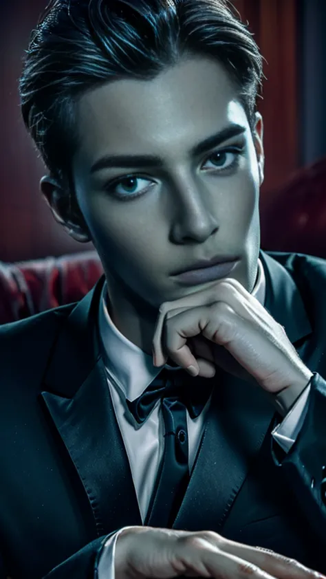 a handsome man wearing a black suit, sitting in a chair with his hand on his head, 1 man, detailed face, beautiful detailed eyes...