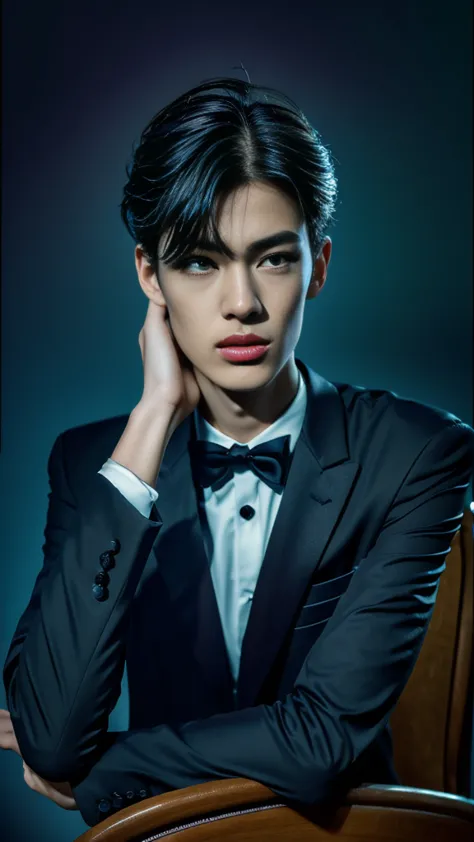 a handsome young boy, tall and thin like asian, wearing a black suit, sitting in a chair with his hand on his head, 1 boy, detai...