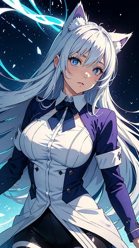 An anime-style illustration of a cute girl character with cat ears and long silver-white hair. She has a surprised or excited expression with her mouth slightly open. Her large, expressive eyes are bright blue with detailed highlights and sparkles. The cha...