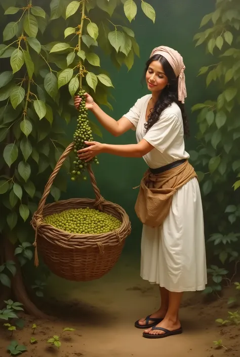 Create a painting for me , style of the French painter William Bouguereau  ,of a beautiful young woman ,Nicaraguan peasant  , with white huipil  , in sandals, Cutting coffee with both hands from a bunch of a branch of a coffee plant in a basket hanging aro...