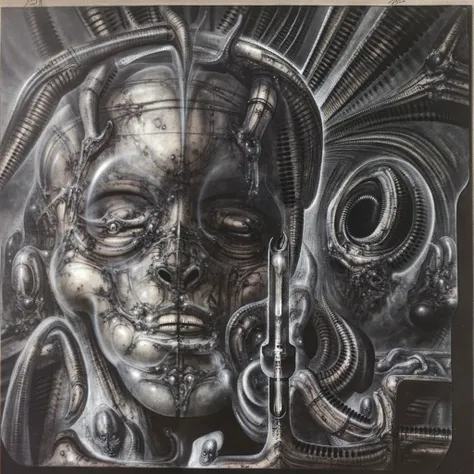 h. r. giger's g1g3r, , giger_style, the image is a detailed view of h.r. giger's \" li ii \" plate, featuring . the artistic man...